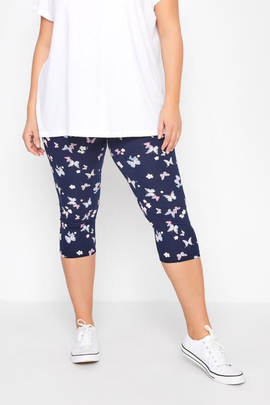 2 PACK Curve Navy Blue & White Butterfly Print Cropped Leggings_A.jpg
