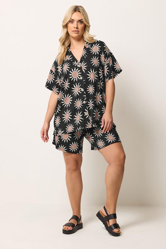 YOURS Plus Size Black Sun Print Crinkle Shirt | Yours Clothing 1