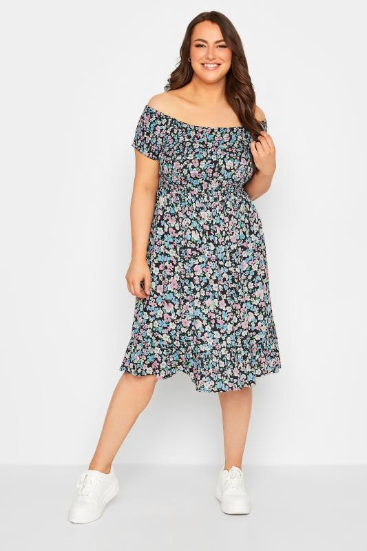 YOURS Curve Black Floral Ditsy Shirred Midi Dress | Yours Clothing  2