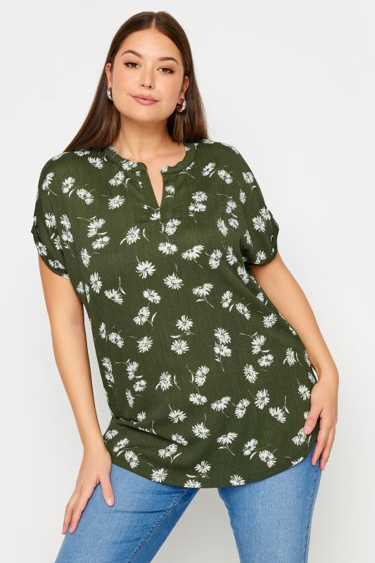 YOURS Plus Size Khaki Green Floral Print Notch Neck Blouse | Yours Clothing 1
