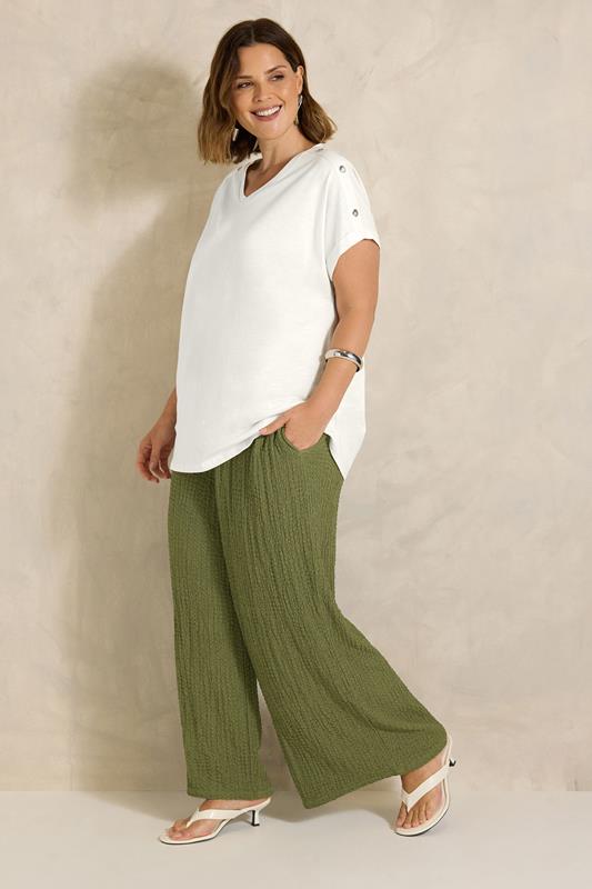 EVANS Plus Size Khaki Green Crinkle Wide Leg Trousers | Evans 3