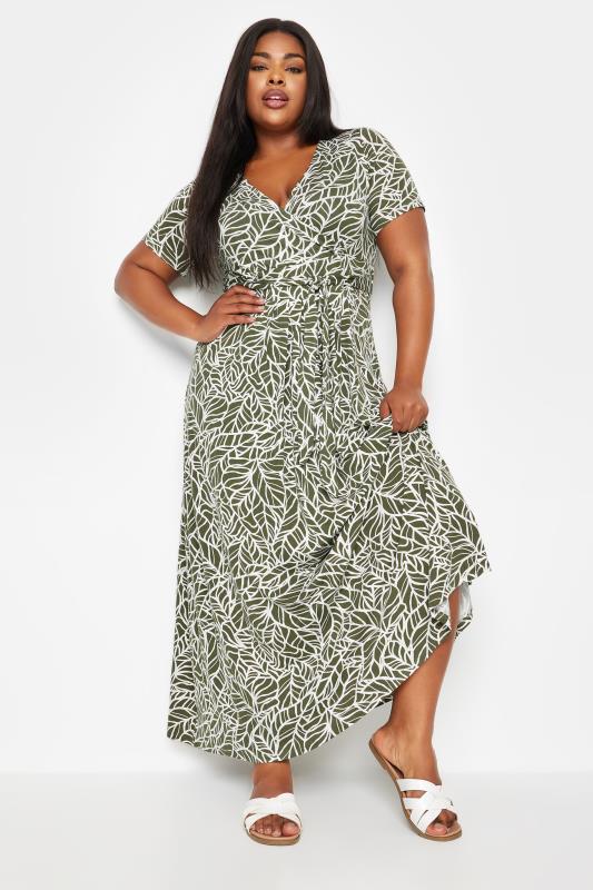 Plus Size  YOURS Curve Khaki Green Leaf Print Wrap Maxi Dress