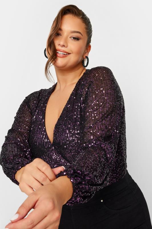 YOURS LONDON Plus Size Purple Sequin Embellished Wrap Bodysuit | Yours Clothing 4