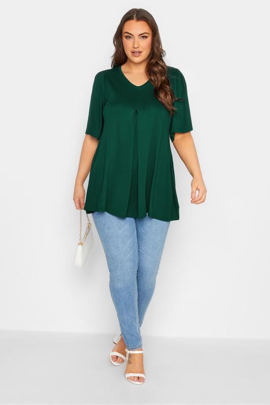 Plus Size Forest Green Pleat Angel Sleeve Swing Top | Yours Clothing 2