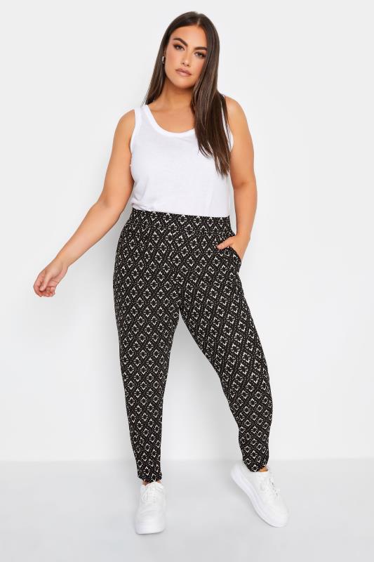 YOURS Plus Size Black Abstract Print Double Pleat Harem Trousers | Yours Clothing 2