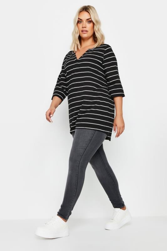 YOURS Plus Size Black & White Stripe Notch Neck T-Shirt | Yours Clothing 3