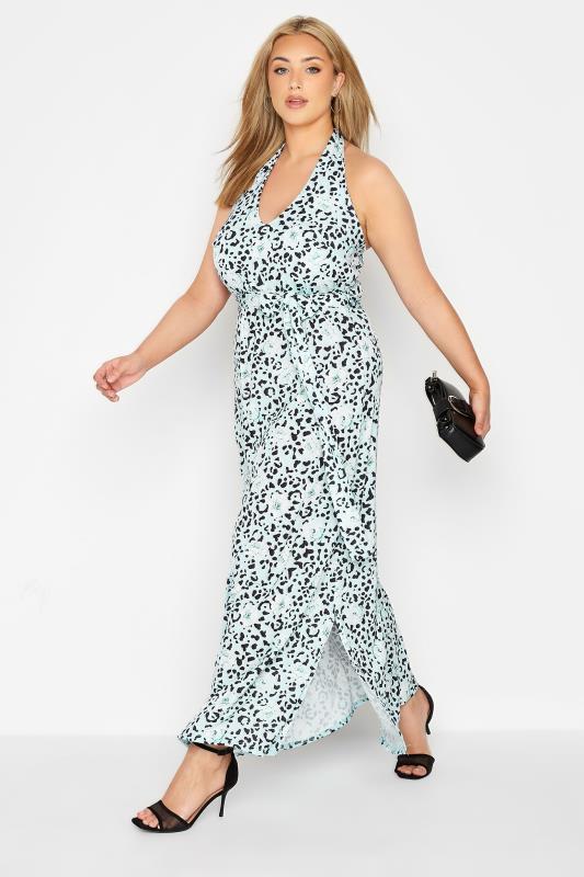 Plus Size  YOURS LONDON Curve Blue Leopard Print Halter Neck Maxi Dress