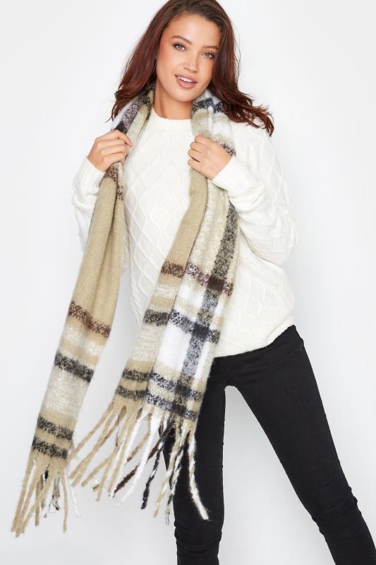 Brown & White Check Chunky Tassel Scarf | Yours Clothing 1
