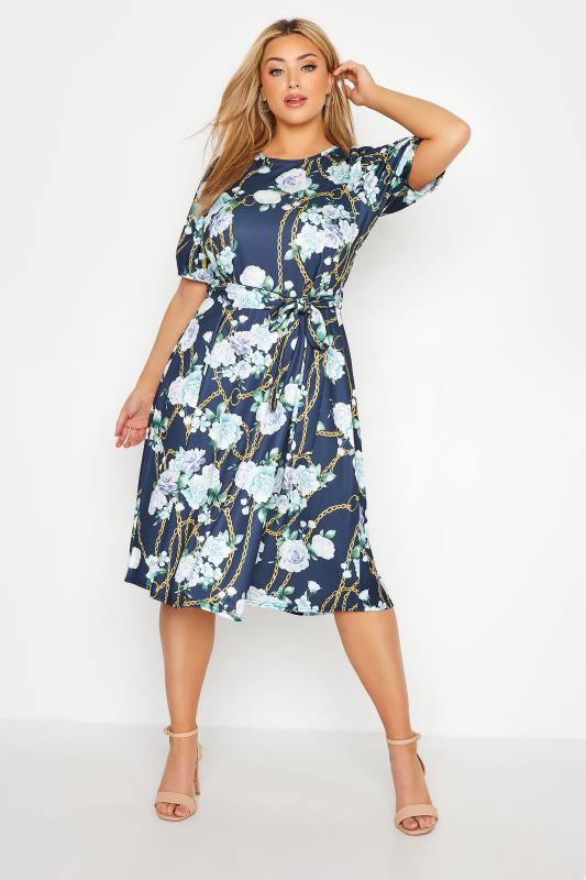 YOURS LONDON Curve Navy Blue Chain Floral Skater Dress_A.jpg