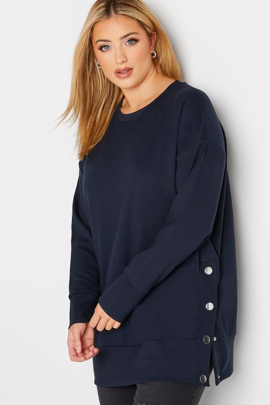 Plus Size Navy Blue Button Detail Sweatshirt | Yours Clothing 4