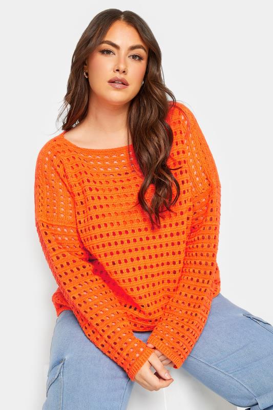 YOURS Plus Size Orange Long Sleeve Crochet Jumper | Yours Clothing  1