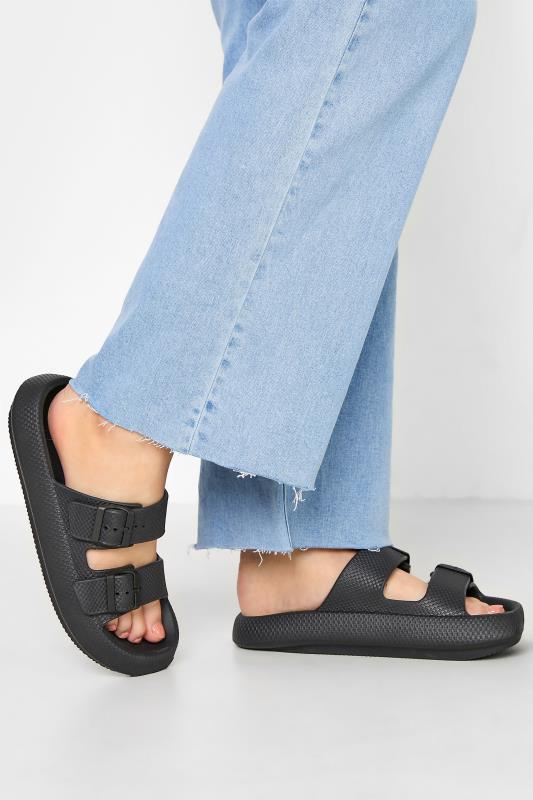 Black Double Buckle Slider Sandals In Extra Wide EEE Fit | Yours Clothing  1