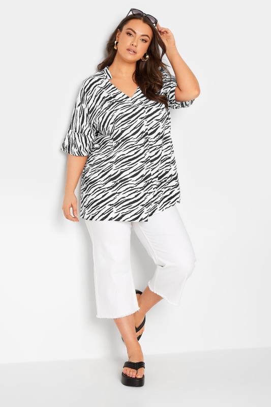 YOURS Curve Plus Size White Zebra Print Pleat Front Top | Yours Clothing  2