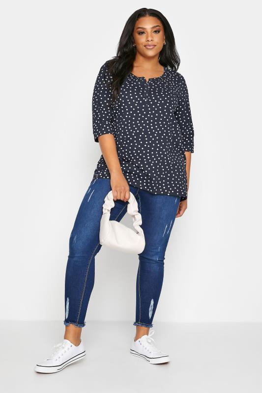 Plus Size YOURS FOR GOOD Navy Blue Spot Print Henley Top | Yours Clothing 2