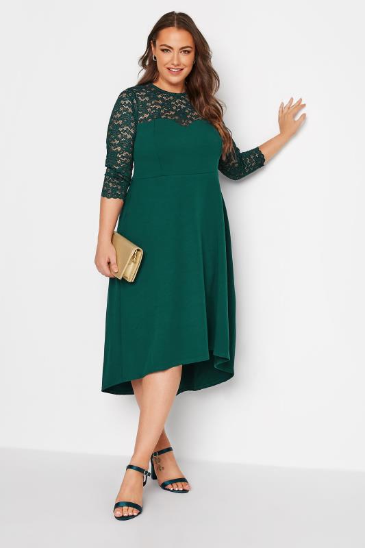 YOURS LONDON Plus Size Emerald Green Lace Sweetheart Midi Dress | Yours Clothing 2