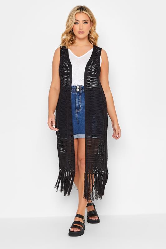 YOURS Plus Size Black Crochet Sleeveless Longline Cardigan | Yours Clothing 1