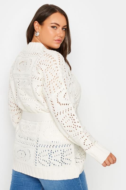 YOURS Plus Size Ivory White Pointelle Belted Cardigan | Yours Clothing 4