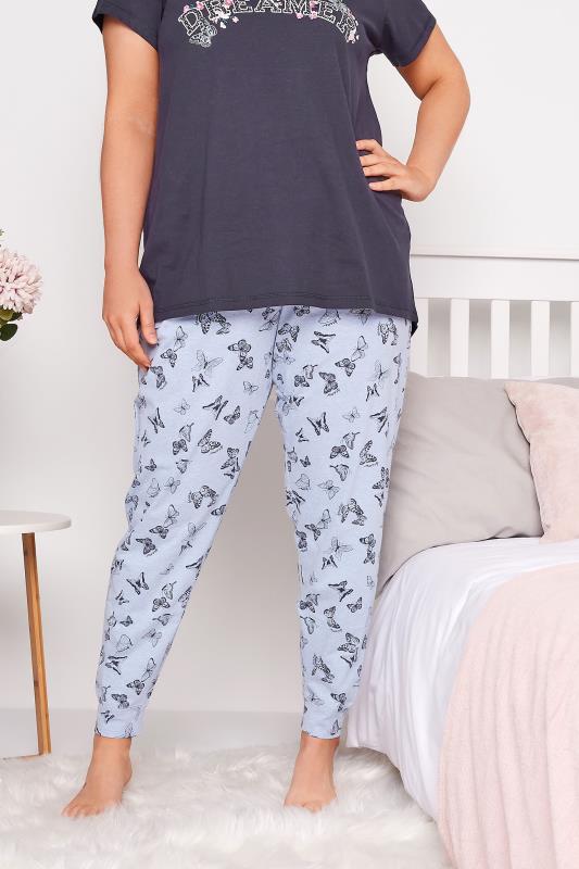 Plus Size Blue Butterfly Print Cuffed Pyjama Bottoms | Yours Clothing  3
