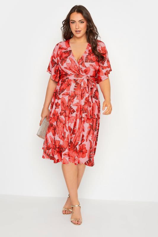 YOURS LONDON Plus Size Pink Tropical Floral Print Wrap Dress | Yours Clothing 2