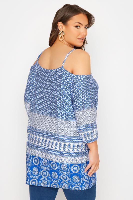 Plus Size Blue Aztec Print Cold Shoulder Top | Yours Clothing 3