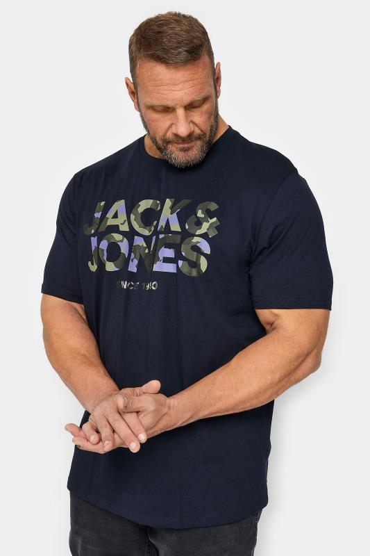 JACK & JONES Big & Tall Navy Blue Camo Logo Crew Neck T-Shirt | BadRhino 1