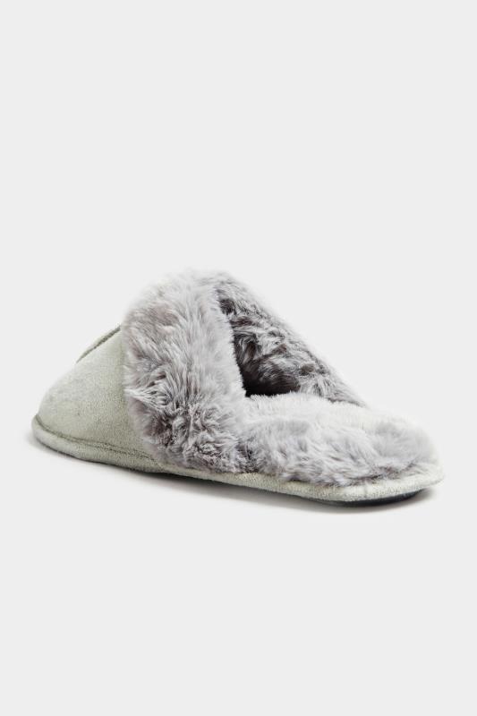 LTS Grey Fur Cuff Mule Slippers In Standard Fit | Long Tall Sally 5