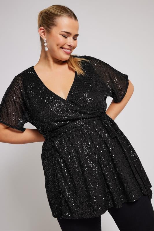 Plus Size  YOURS LONDON Curve Black Sequin Wrap Top