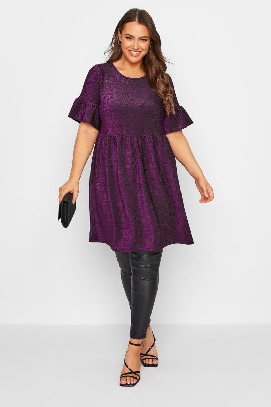 Plus Size  Curve Purple Glitter Frill Sleeve Smock Dress