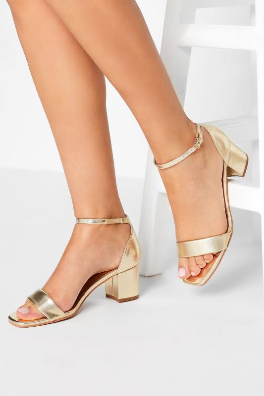 Tall  LTS Gold Faux Leather Block Heel Sandals In Standard D Fit