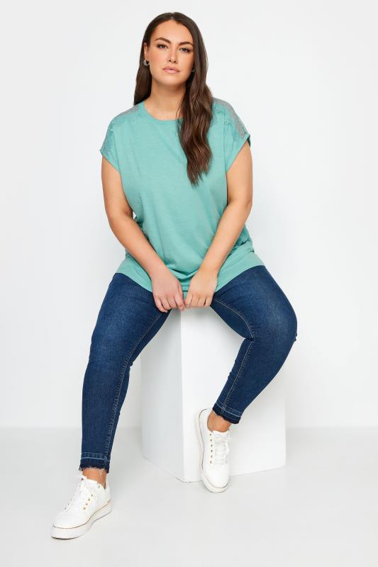 YOURS Plus Size Blue Lace Shoulder T-Shirt | Yours Clothing 2