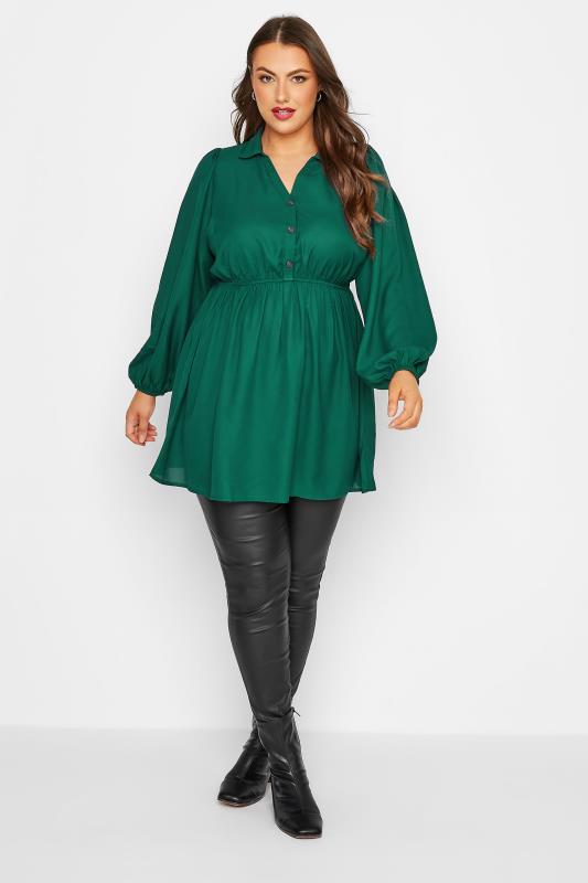 LIMITED COLLECTION Plus Size Curve Forest Green Peplum Shirt | Yours Clothing 2