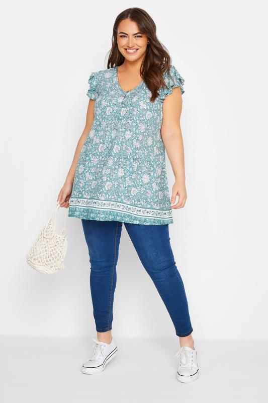 Plus Size Sage Green Floral Print Frill Sleeve Blouse | Yours Clothing 2