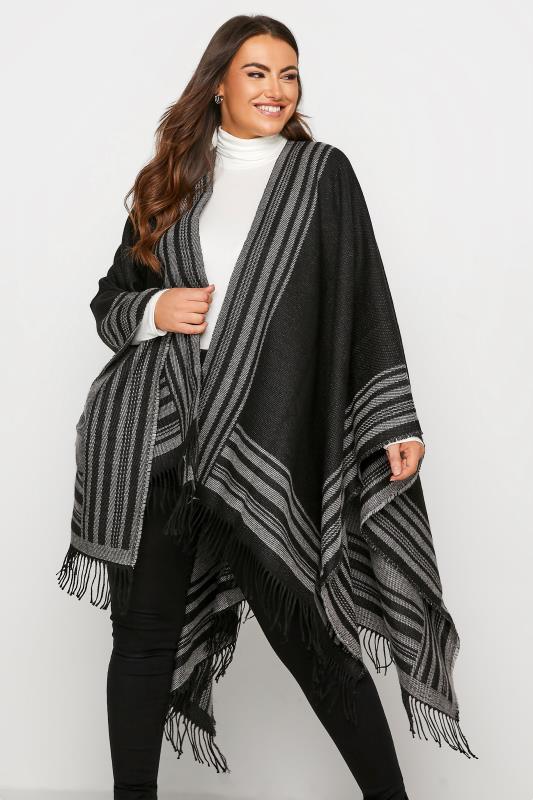 Großen Größen  Black Stripe Jacquard Knitted Wrap Shawl