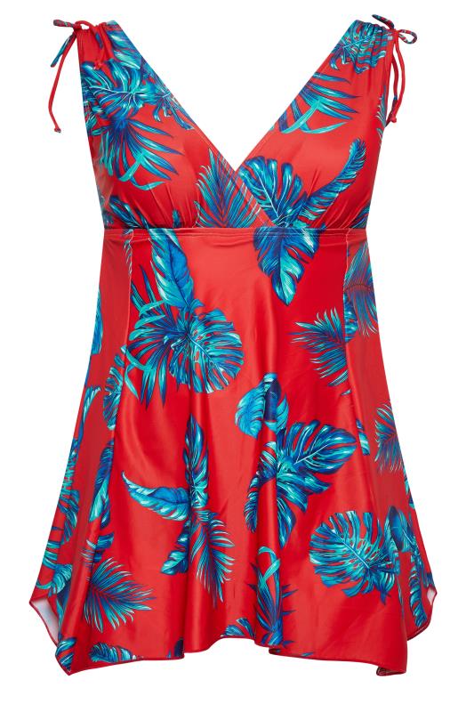 YOURS Plus Size Curve Red Palm Leaf Plunge Tummy Control Swim Dress | Yours Clothing  7