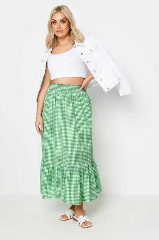 YOURS Plus Size Green Gingham Tiered Pure Cotton Midi Skirt | Yours Clothing 3