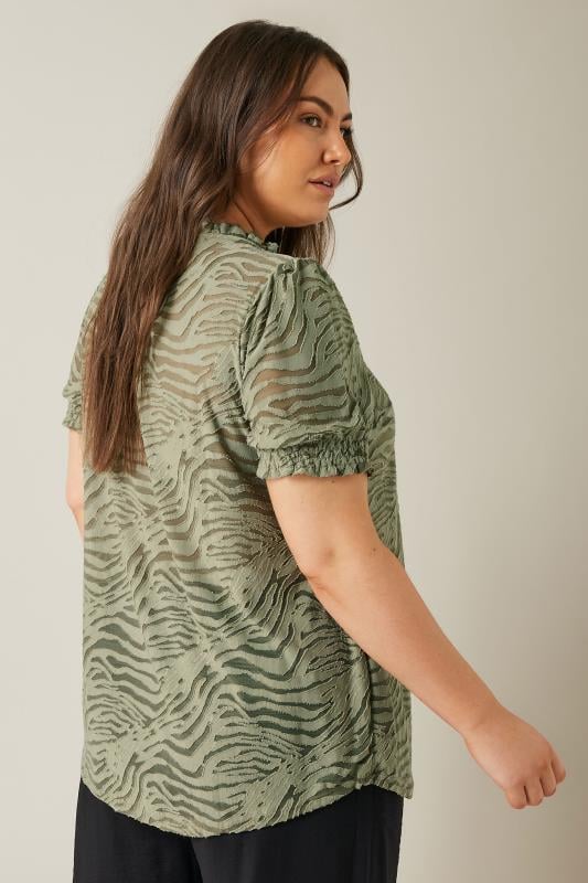 EVANS Plus Size Khaki Green Burnout Print Tie Neck Blouse | Evans 4