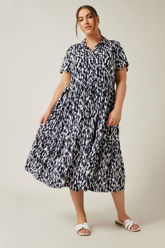 EVANS Plus Size Navy Blue Abstract Print Midi Shirt Dress | Evans  1