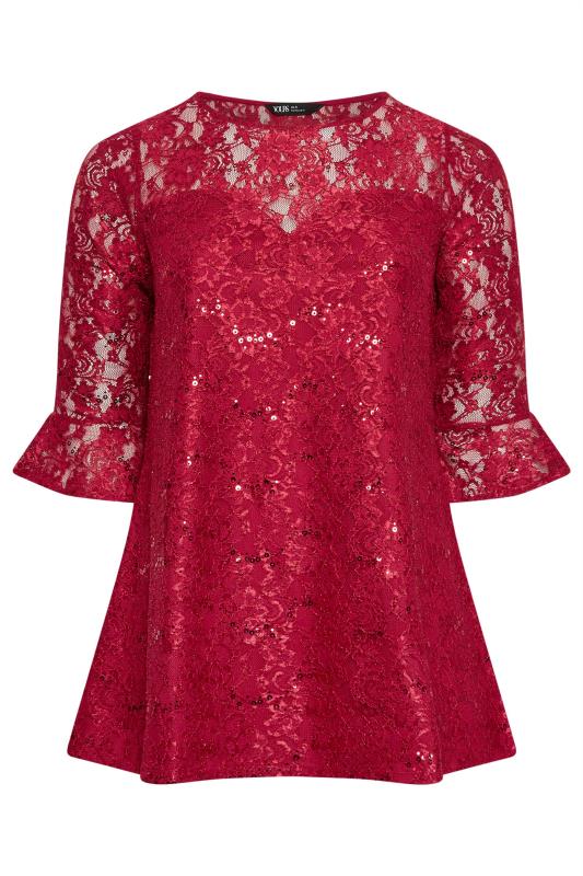 YOURS Plus Size Red Lace Sequin Embellished Swing Top | Yours Clothing 5