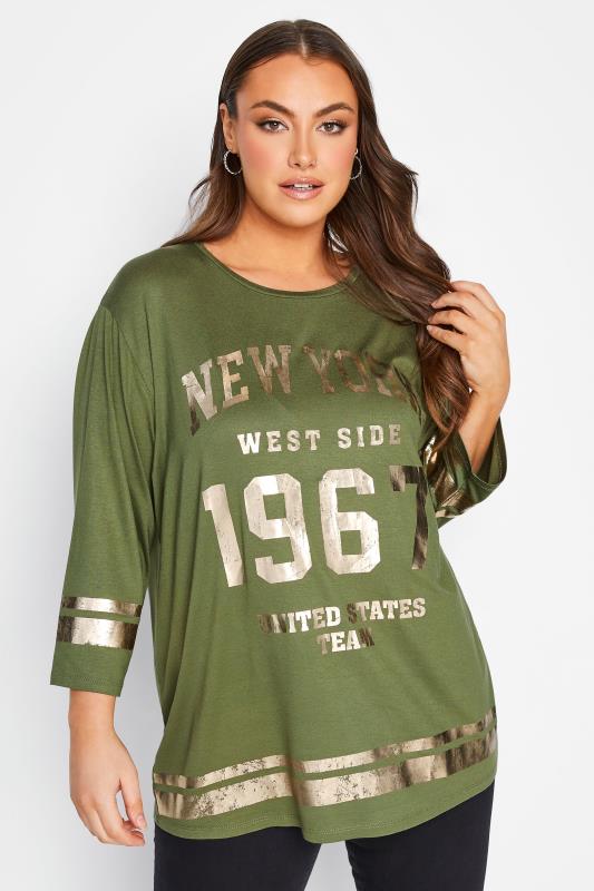 Plus Size Khaki Green Metallic Varsity T-Shirt | Yours Clothing 1