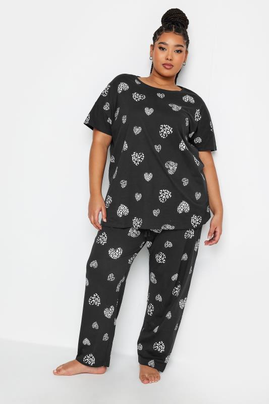YOURS Plus Size Black Animal Heart Print Pyjama Set | Yours Clothing 1