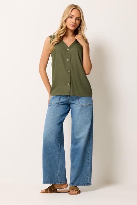 M&Co Khaki Green Sleeveless Button Through Top | M&Co 1