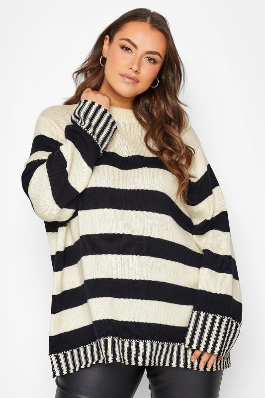 Plus Size  YOURS Curve White & Black Stripe Turtle Neck Knitted Jumper
