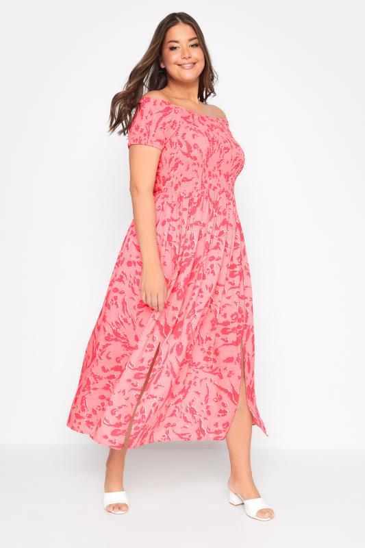 Plus Size Pink Animal Print Shirred Bardot Midaxi Dress | Yours Clothing 2