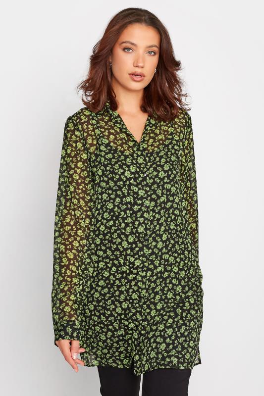 Tall Women's LTS Black & Green Floral Print Longline Shirt | Long Tall Sally 3