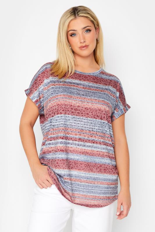 YOURS Plus Size Curve Pink & Blue Stripe Animal Print T-Shirt | Yours Clothing  1