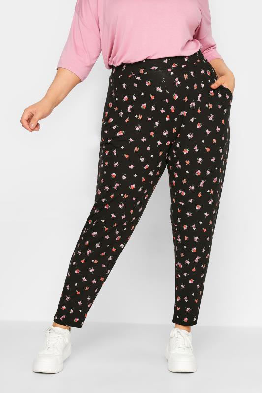 YOURS Plus Size Black Floral Harem Trousers | Yours Clothing  1