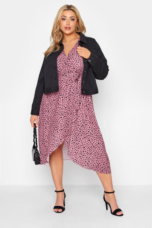 YOURS LONDON Plus Size Pink Dalmatian Print Midi Wrap Dress | Yours Clothing 2