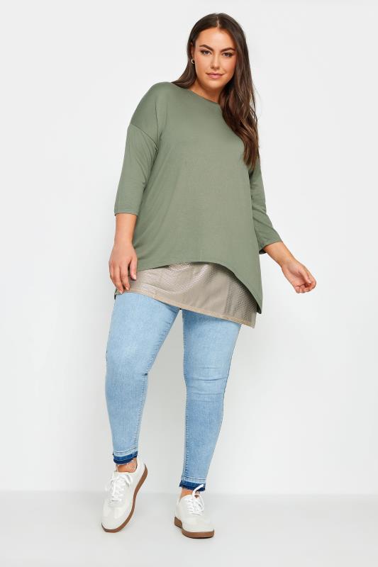 YOURS Plus Size Khaki Green Mesh Hem Top | Yours Clothing