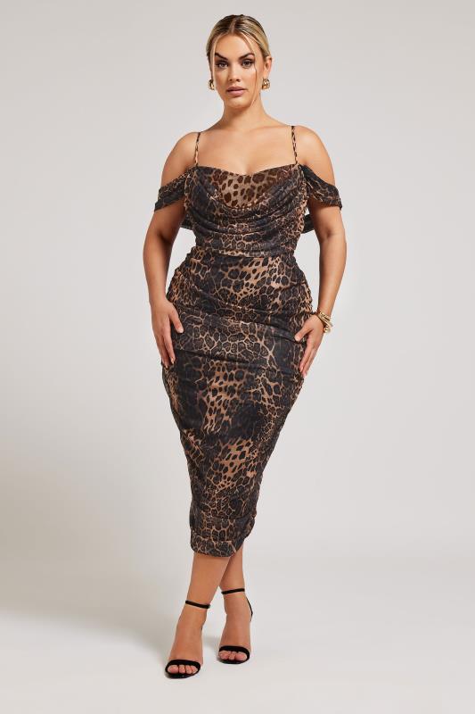 YOURS LONDON Plus Size Brown Leopard Print Cold Shoulder Dress | Yours Clothing 1