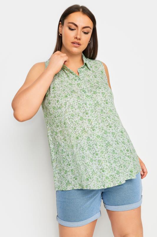 YOURS Plus Size Green Floral Print Sleeveless Blouse | Yours Clothing 1
